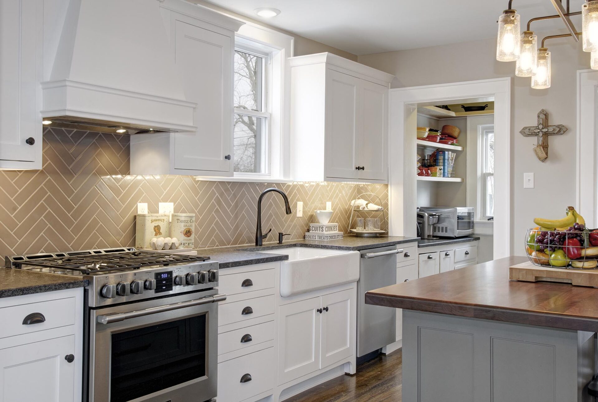 Kitchen, Upper Arlington, Dave Fox, Remodel, Herringbone, island, wood top, Leathered Granite