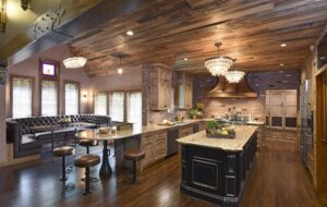 Kitchen remodel, dining, New Albany, Dave Fox, Remodel, wood, brick, rustic, copper, range, island, chandelier, bar stools, wood ceilings