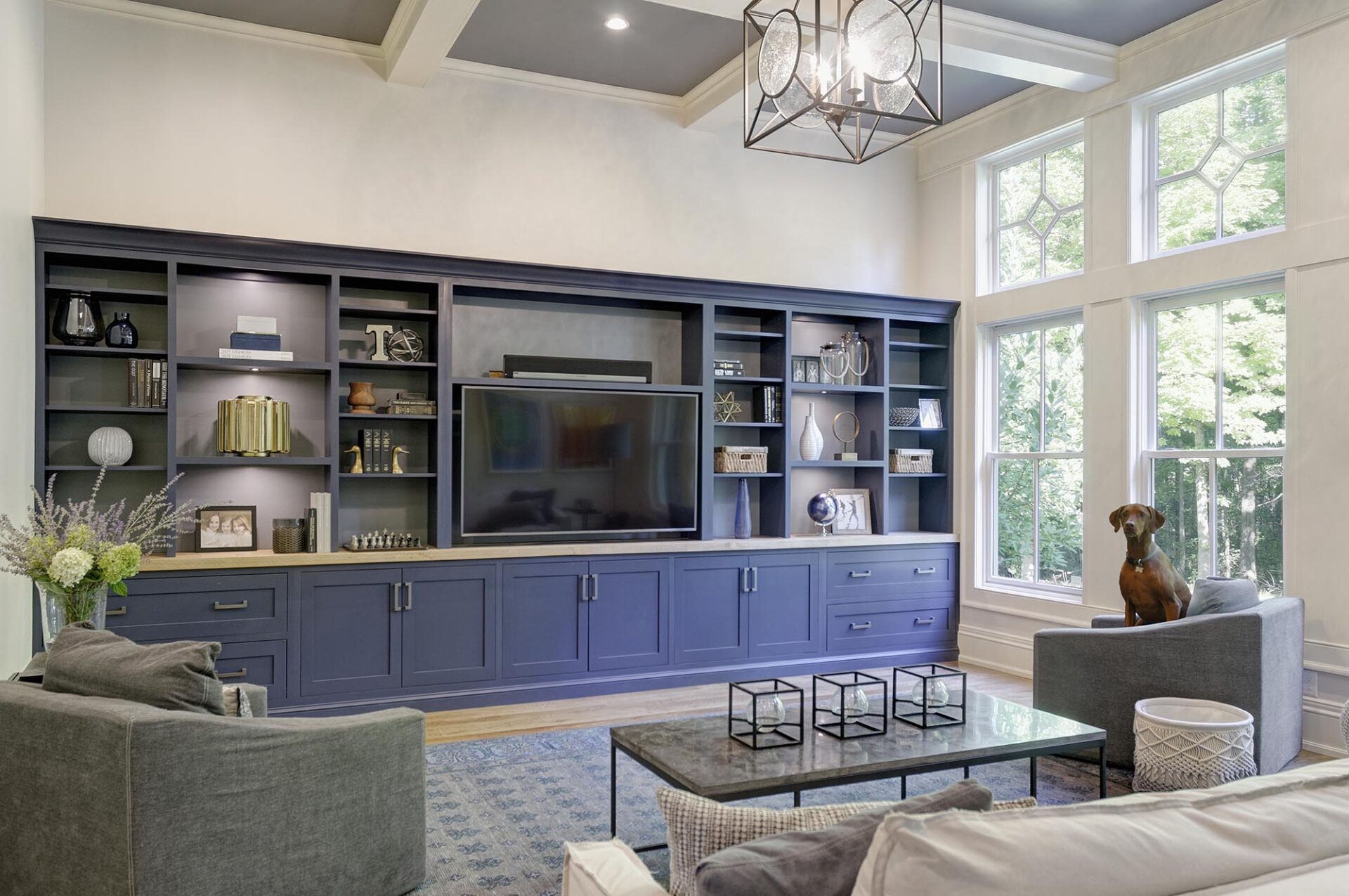 Living Room, Dublin, Dave fox, Remodel, Coffered ceilings, large windows, blue, built ins
