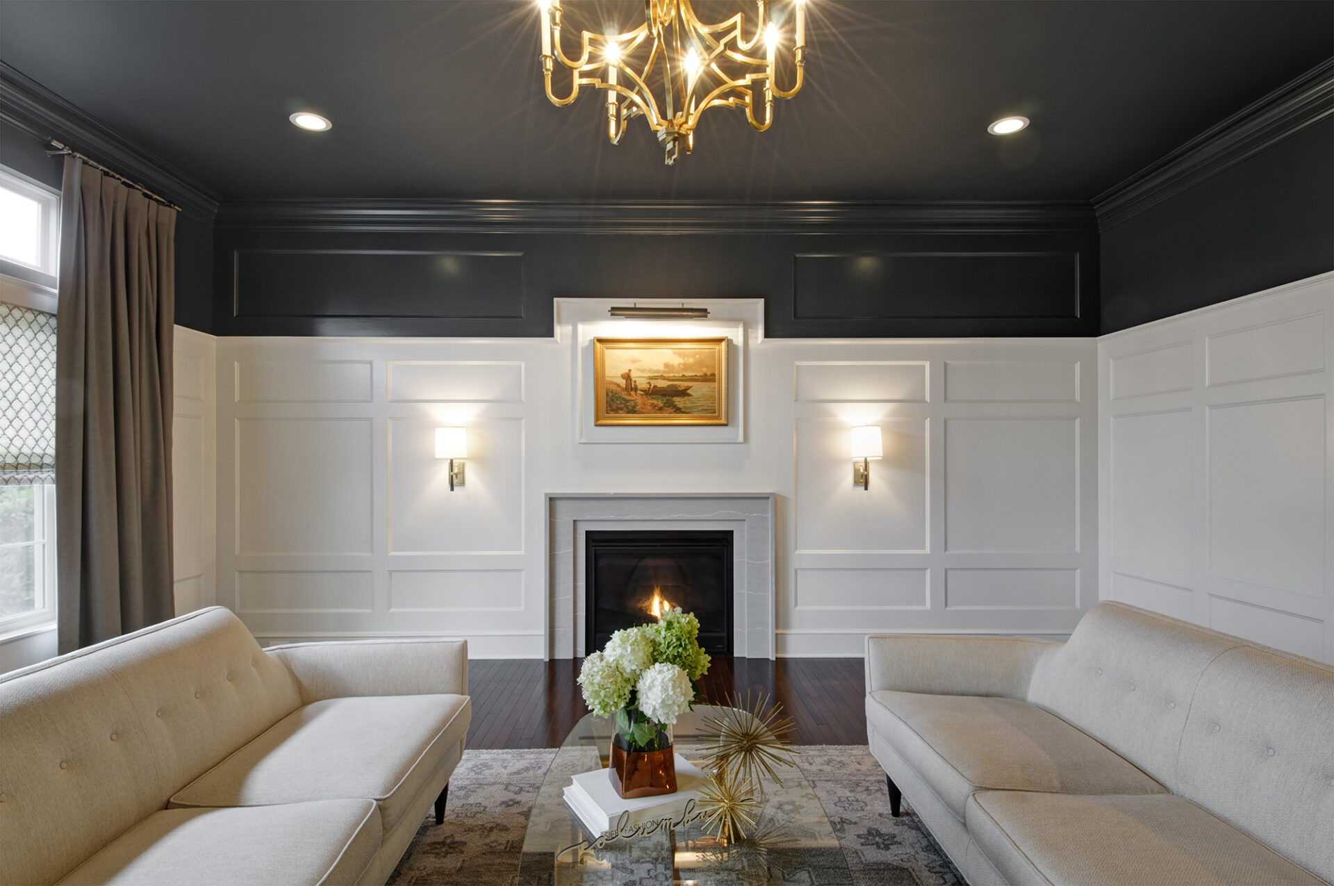 Living room, Dublin, Dave Fox, Remodel, Wainscoting, painted ceiling, gold, brass, fireplace