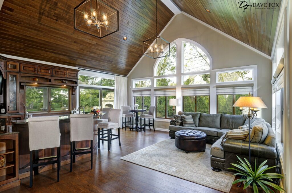 Room-addition-Hilliard-bar-wood-windows-granite-lighting-wood-ceilings