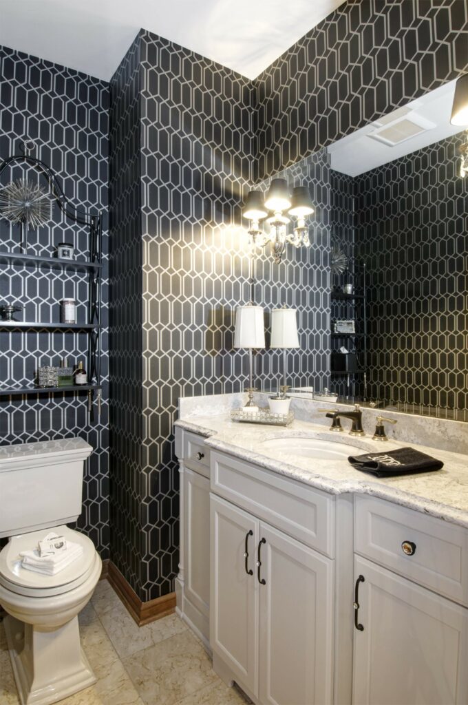modern half bathroom with contrasting colors