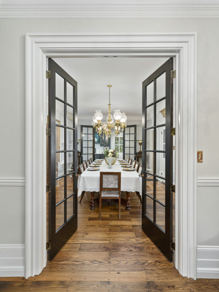 French doors leading into a dining room.