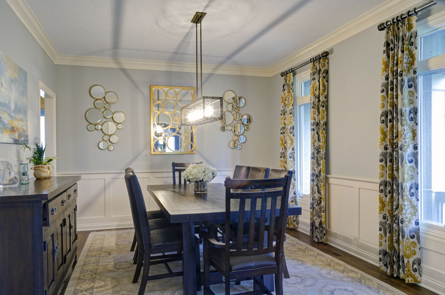 Window treatments can set the tone in a formal dining room.