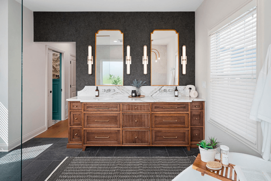 A large bathroom vanity with plenty of storage solutions.
